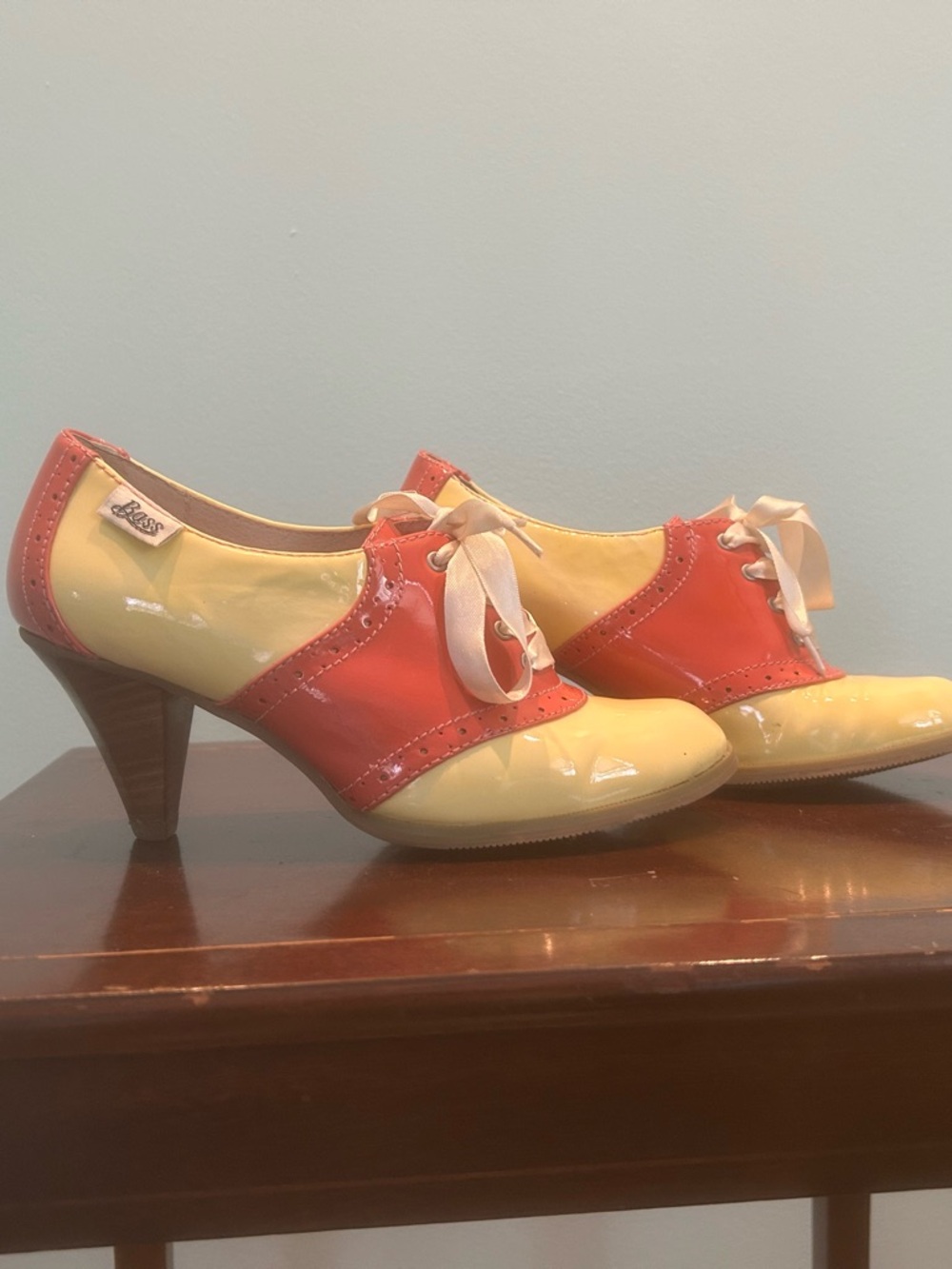 G.H Bass & Co Rachel Antonoff*Two-Tone Yellow/Coral Saddle Shoe Leather Heels